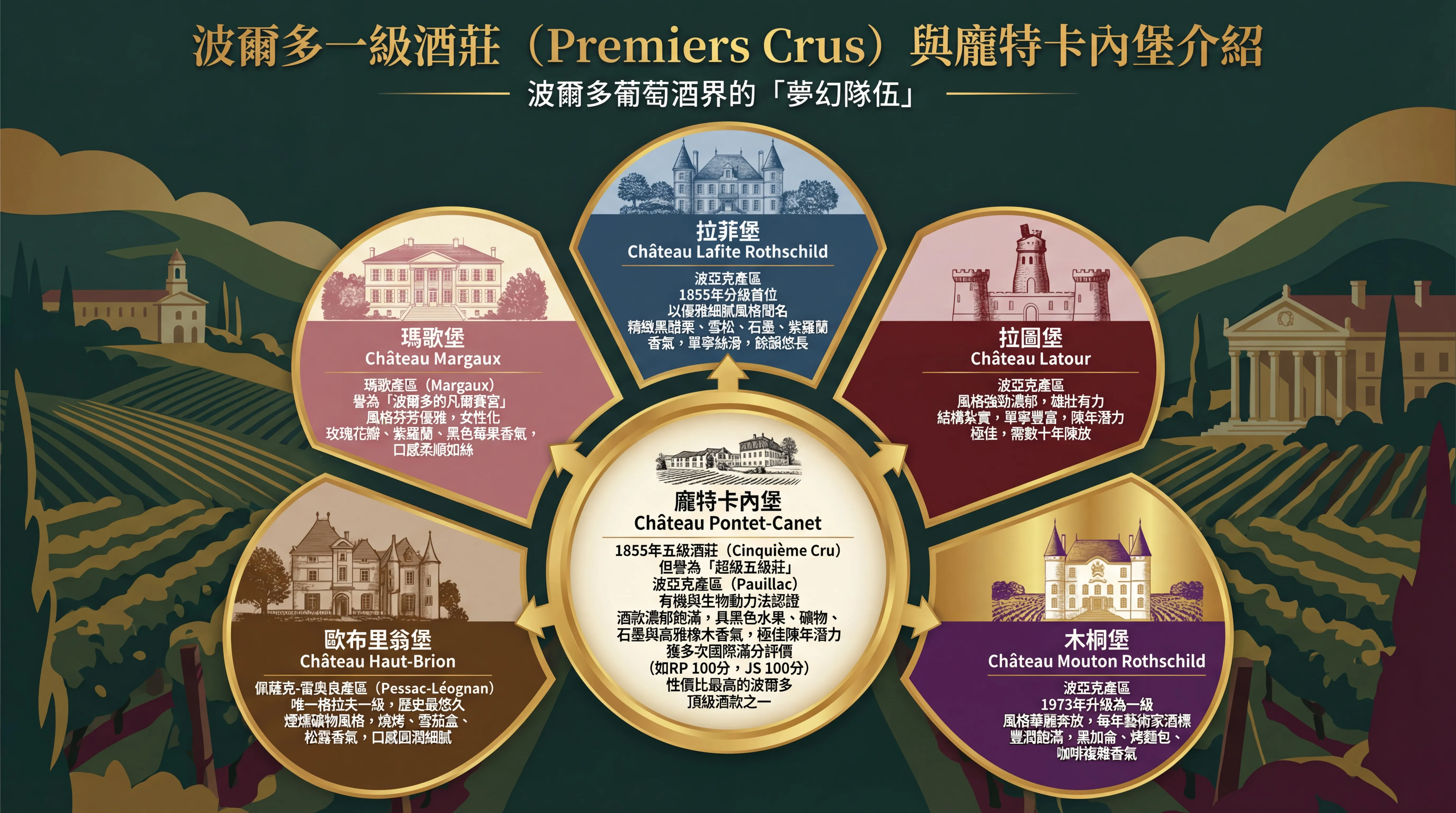 波爾多一級酒莊（Premiers Crus）與龐特卡內堡介紹 — 拉菲堡、拉圖堡、瑪歌堡、木桐堡、歐布里翁堡與 Ch&acirc;teau Pontet-Canet 比較